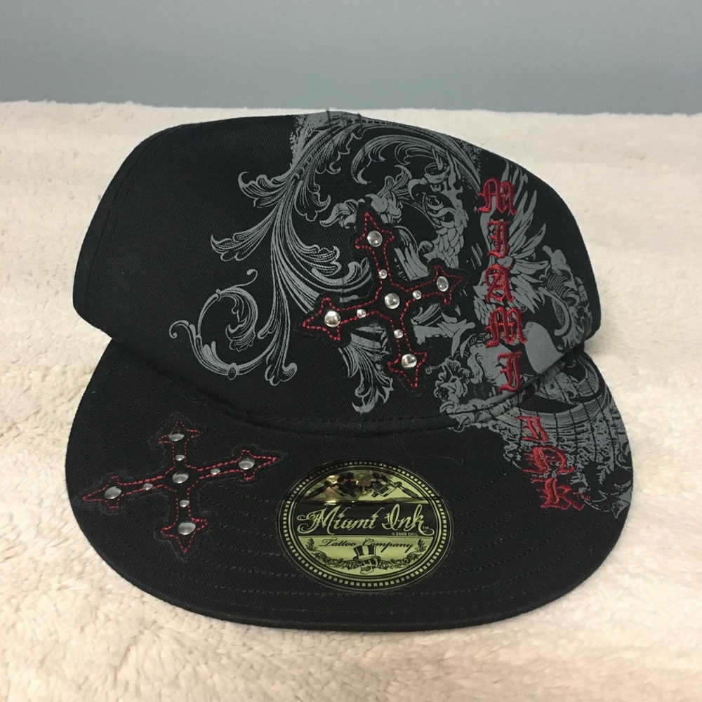 Miami Ink Black Cotton Hat with cross and gem accents